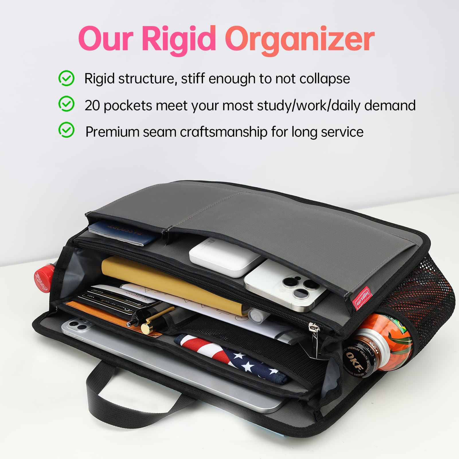 Großer, robuster Organizer-Einsatz für Aktentasche, Schultertasche, Kuriertasche, 20 Taschen, gepolstert, wasserabweisend, Nylon, Grau
