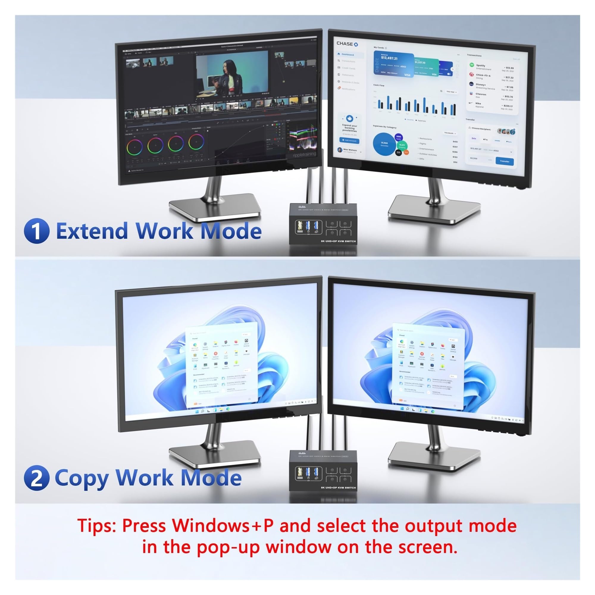 Konwertery wideo, Przełącznik KVM z dwoma monitorami 8K60Hz 4K120Hz i Displayport