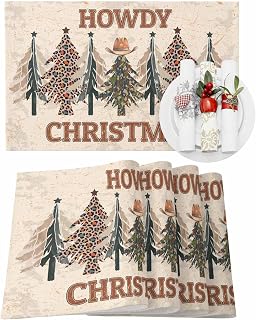 Christmas Placemats Howdy Christmas Non-Slip Place Mats for Dining Room Dinner Table Cowboy Leopard Print Pine Tree Washable Table Mats Kitchen Dining Decorations Set of 1