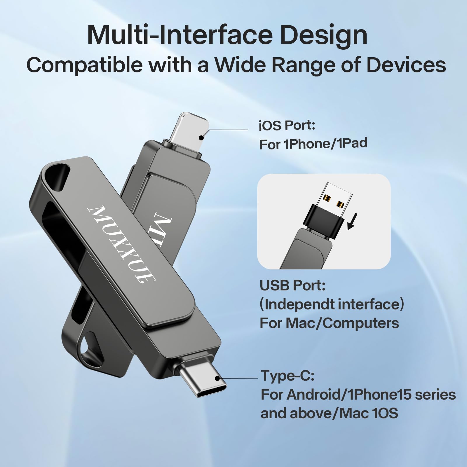 256GB Chiavetta USB per iphone senza App, 3 in 1 Memoria Esterna per iphone per 1Phone 1Pad Android e PC USB C Pen Drive per Foto, Video e File