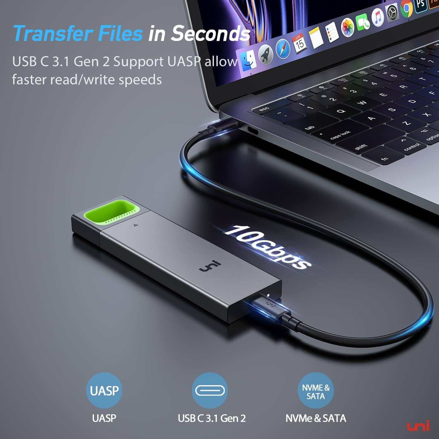 NVME SSD Enclosure, uni Tool-Free 10Gbps M.2 SSD Enclosure, USB C (Thunderbolt3 Compatible) NVME & SATA External SSD Reader Adapter with RTL9210B Chipset Support UASP for SSD Size 2280/2260/2242