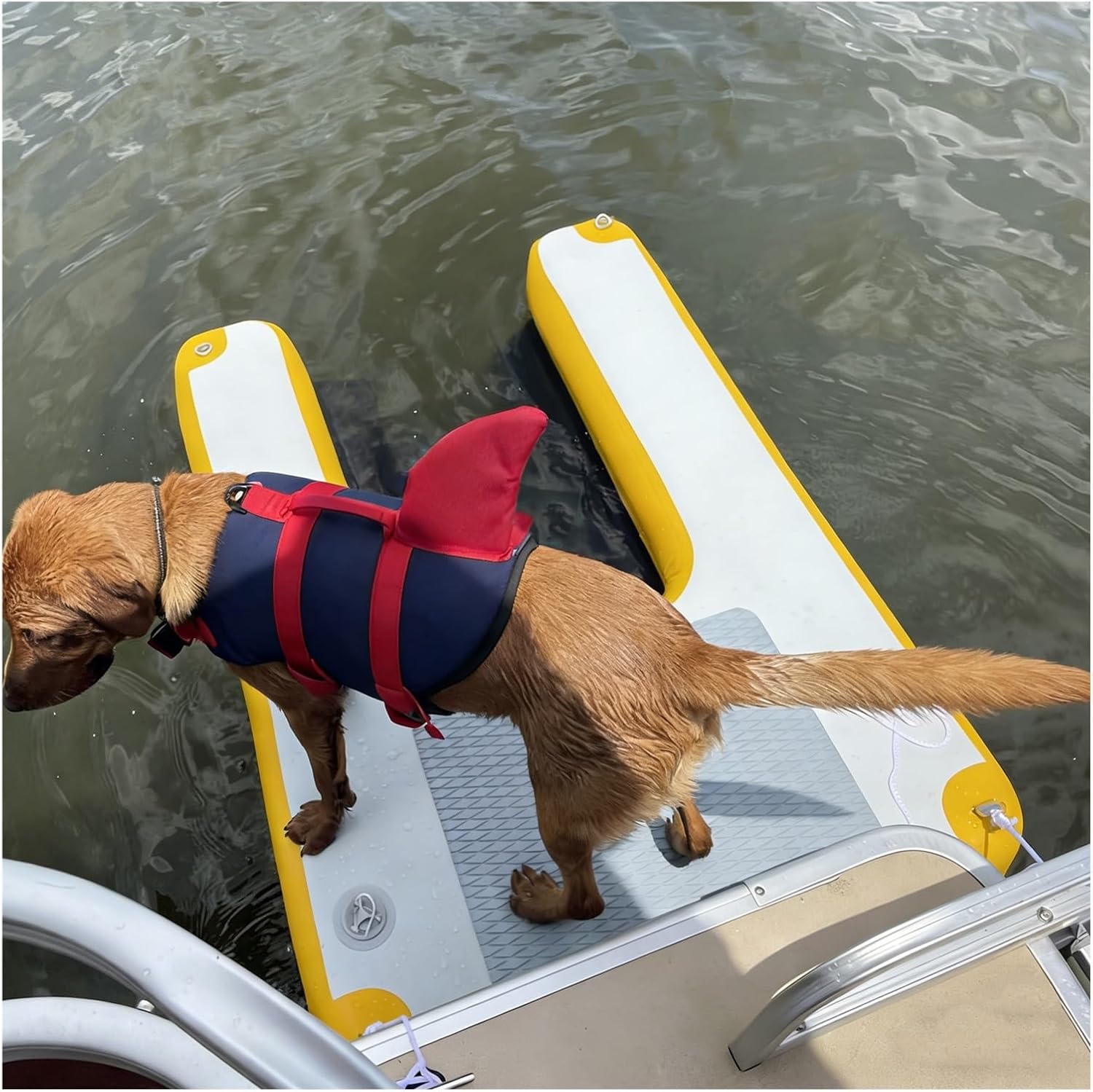 PVC Dog Water Ramps for Dock，Foldable & Reusable Dog Boat Ramps Up to 231lbs, Inflatable Large Dog Water Ramp with EVA Anti Slip Pad for Swimming Pets(Yellow)