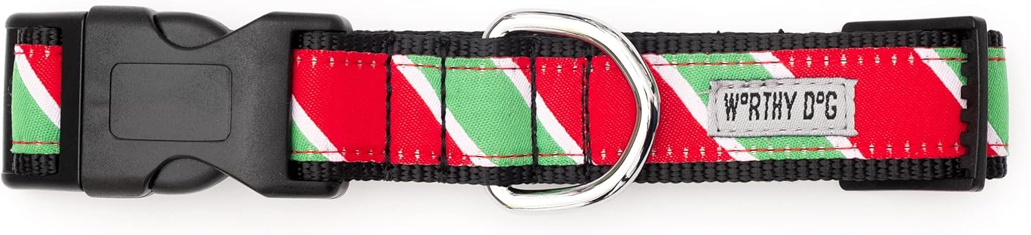 THE WORTHY DOG Collar for Small Dogs, Adjusts 6-12 inches, Durable Nylon Webbing, Quick Release Buckle, Holiday Stripe Pattern, Red/Green, X-Small