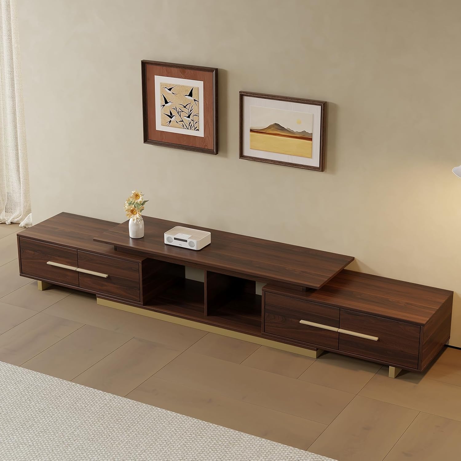 XEW Extendable TV Stand for 55-100 Inch TVs, Modern Mid-Century Walnut Entertainment Center with 4 Drawers, TV Console with Cable Management, Wood Media Console Cabinet for Living Room (63.4”-94.5”L)