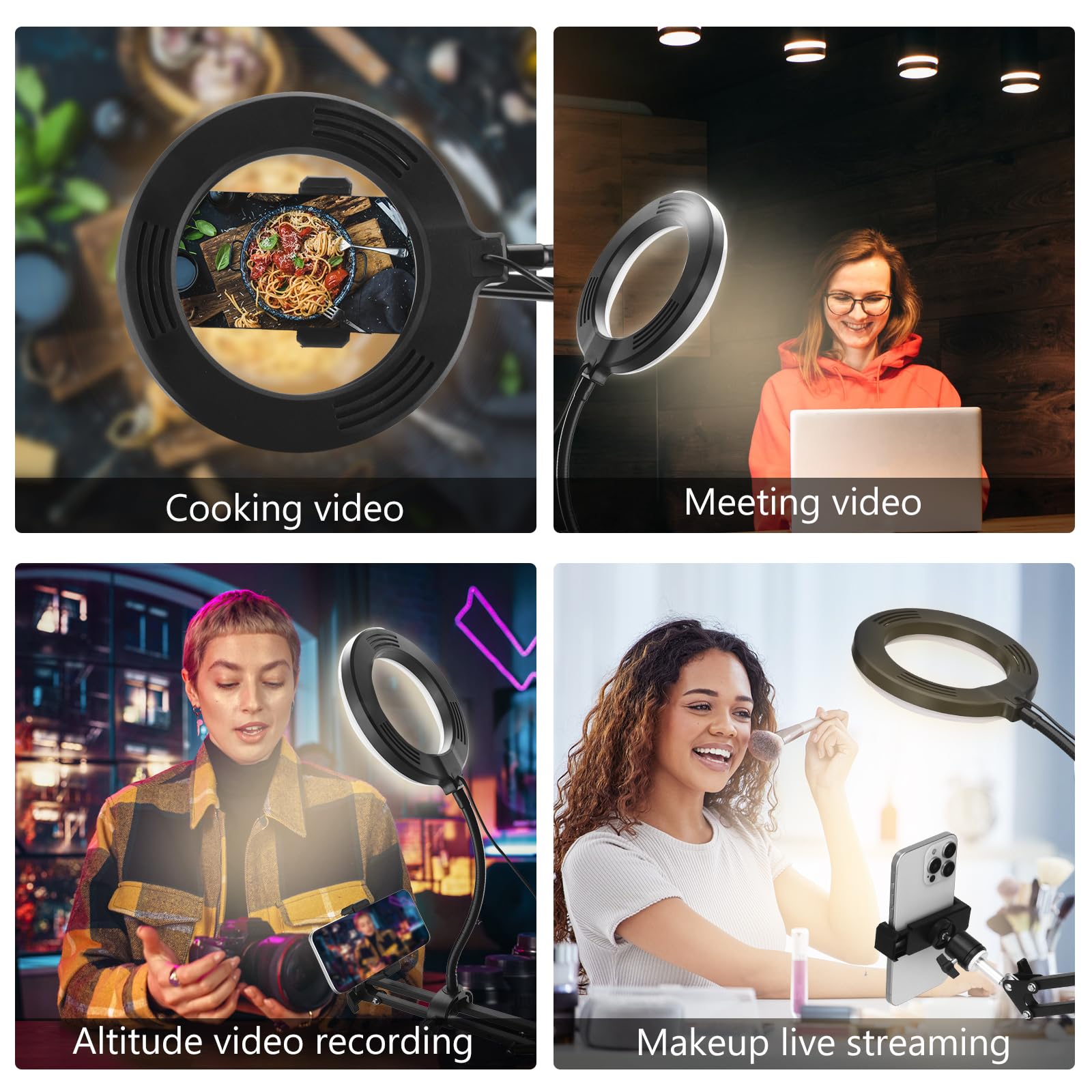 Supporto per cellulare appeso con luce anulare, supporto flessibile per fotocamera da tavolo con luce anulare per registrazione video, live streaming, pittura, make-up e infeltrimento ad ago