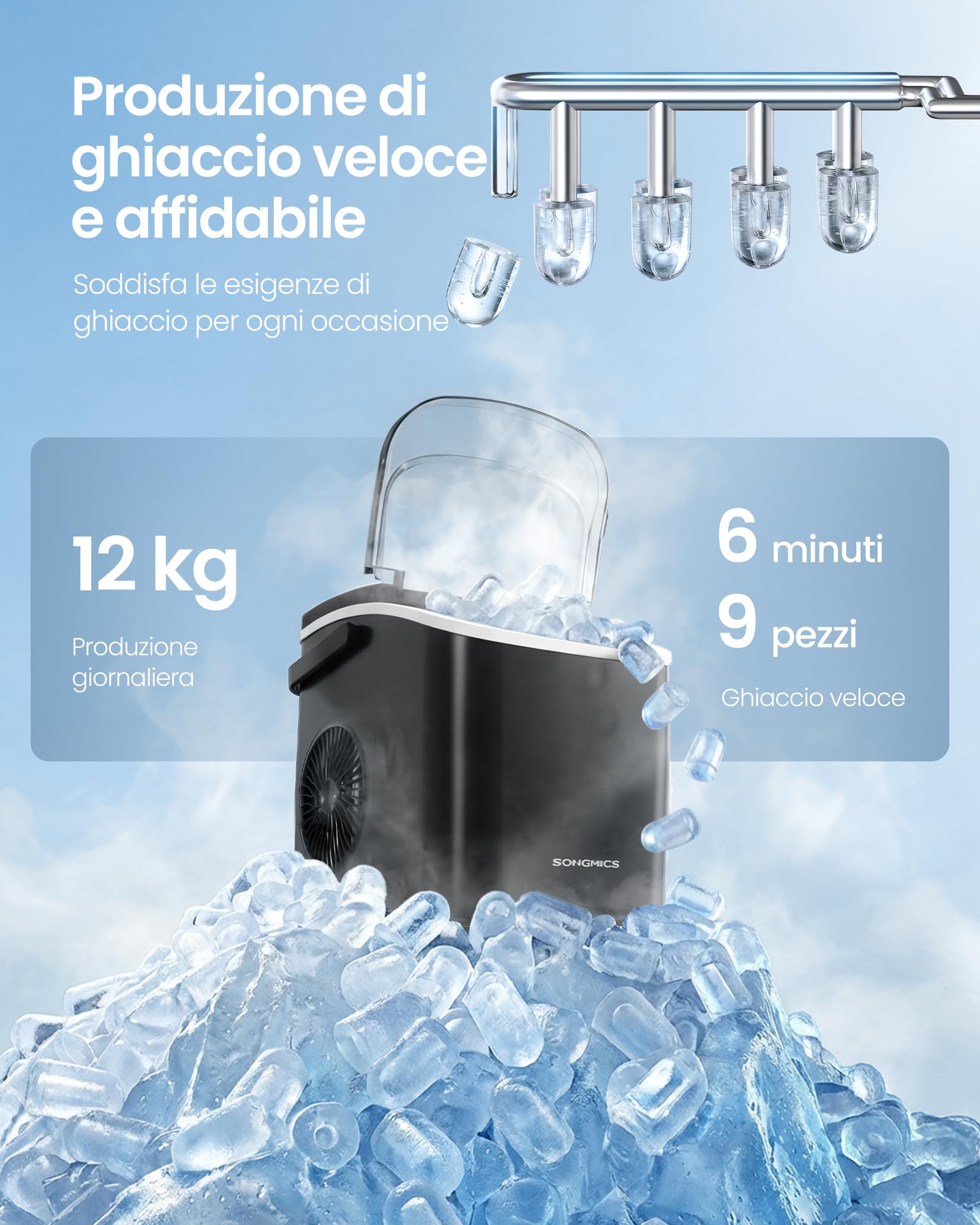 SONGMICS Macchina Ghiaccio, Macchina Cubetti Ghiaccio Autopulente, 9 Cubetti in 6 Minuti di 2 Dimensioni, 12 kg in 24 Ore, Portatile, Casa Cucina Ufficio Feste Campeggio, Nero Inchiostro XZB001B1EU