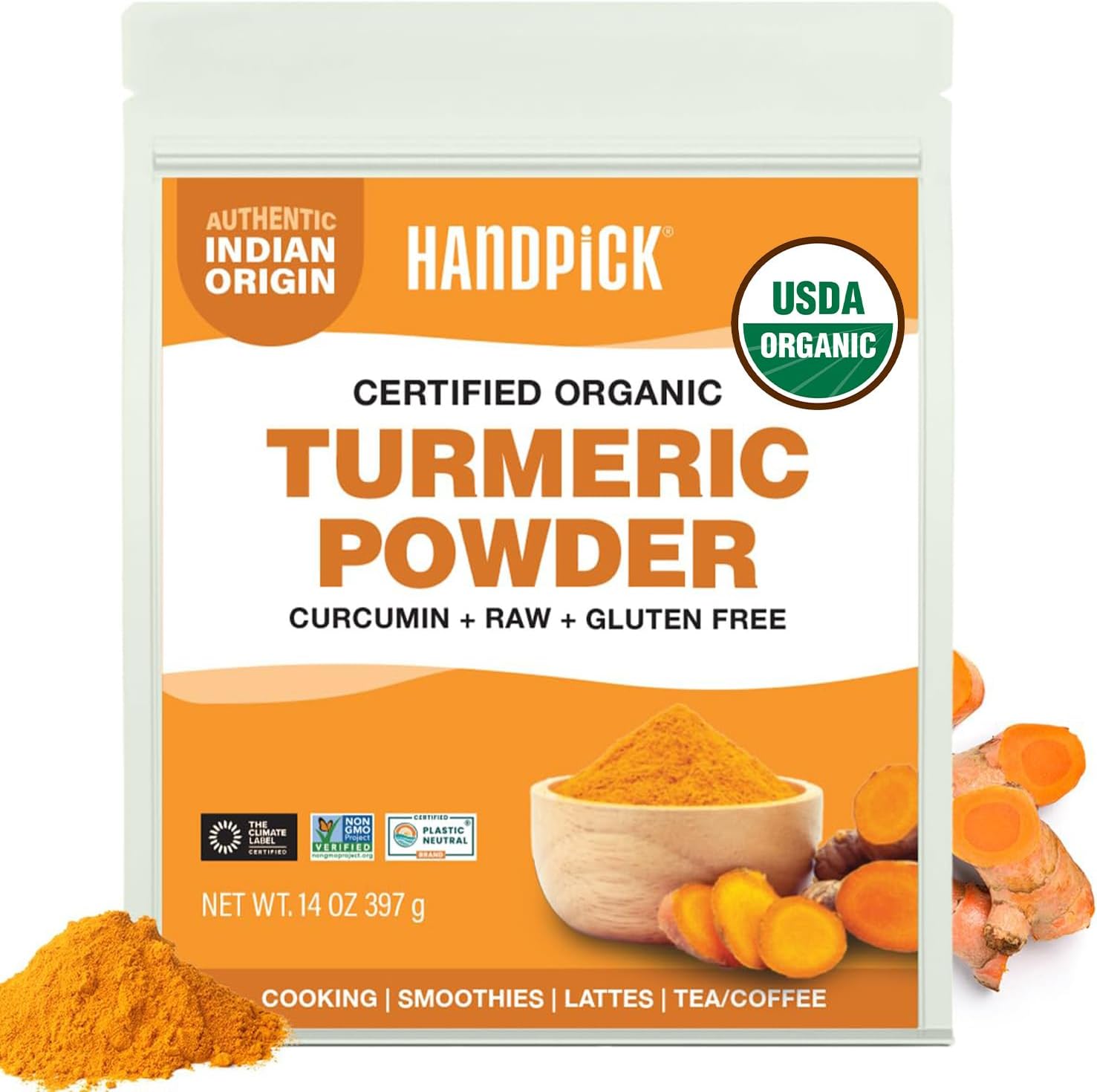 HANDPICK Organic Turmeric Powder with Curucmin(14oz)100% Pure, Natural