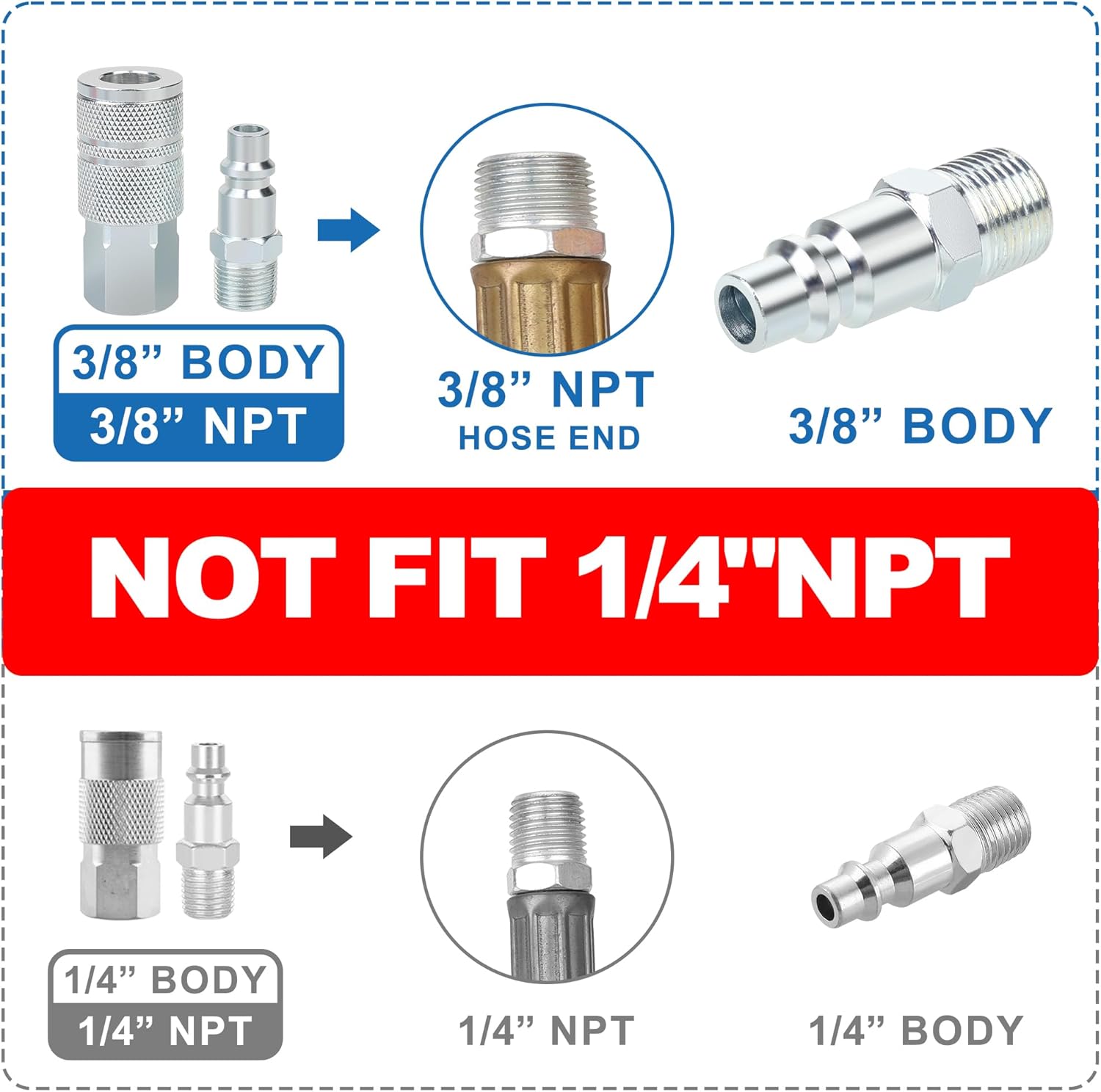 3/8’’ High Flow Air Hose Fittings Set, 3PCS 3/8 Body I/M Industrial Air Coupler and 6PCS 3/8 Body Air Plug with 3/8 Inch NPT Threads Size, 10PCS Air Compressor Accessories Quick Connect Set thumbnail