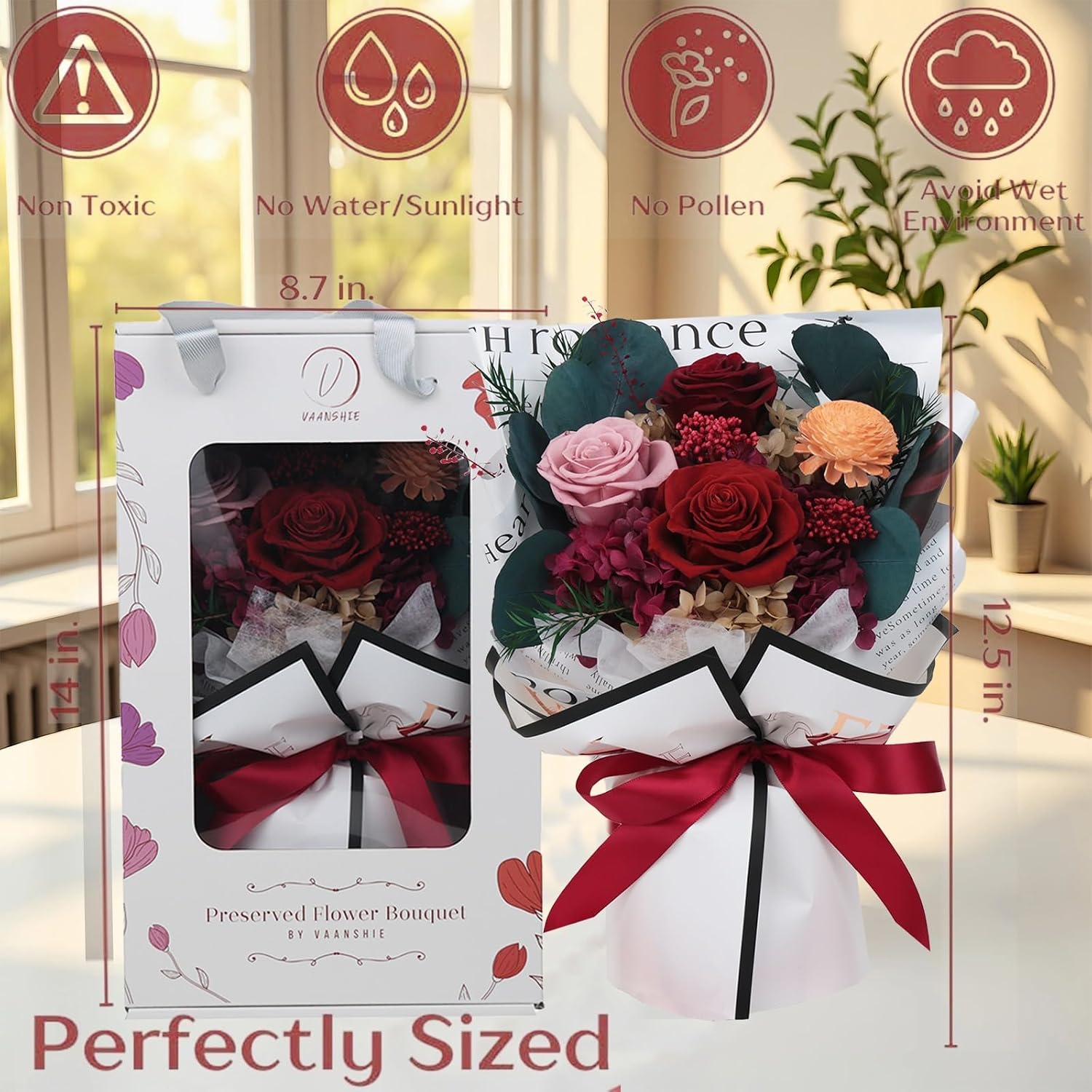 Mother's Day Red Preserved Roses with Vase - Classic Forever Flowers for Mom Wife - Romantic Long Lasting Rose Bouquet - Anniversary Birthday Gift for Her - Premium Scented Floral Arrangement