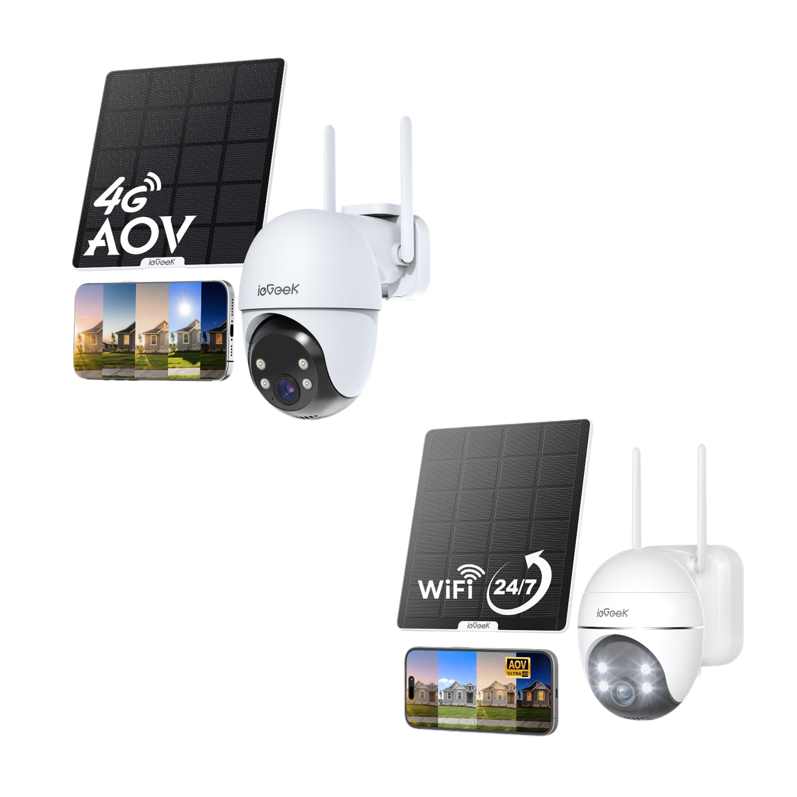 ieGeek Pack Cámara Solar 4G + Cámara Vigilancia WiFi Exterior Solar, Grabación Continua 24/7 AOV, Seguimiento Automático 360°, IA Persona/Coche, Sin Cables