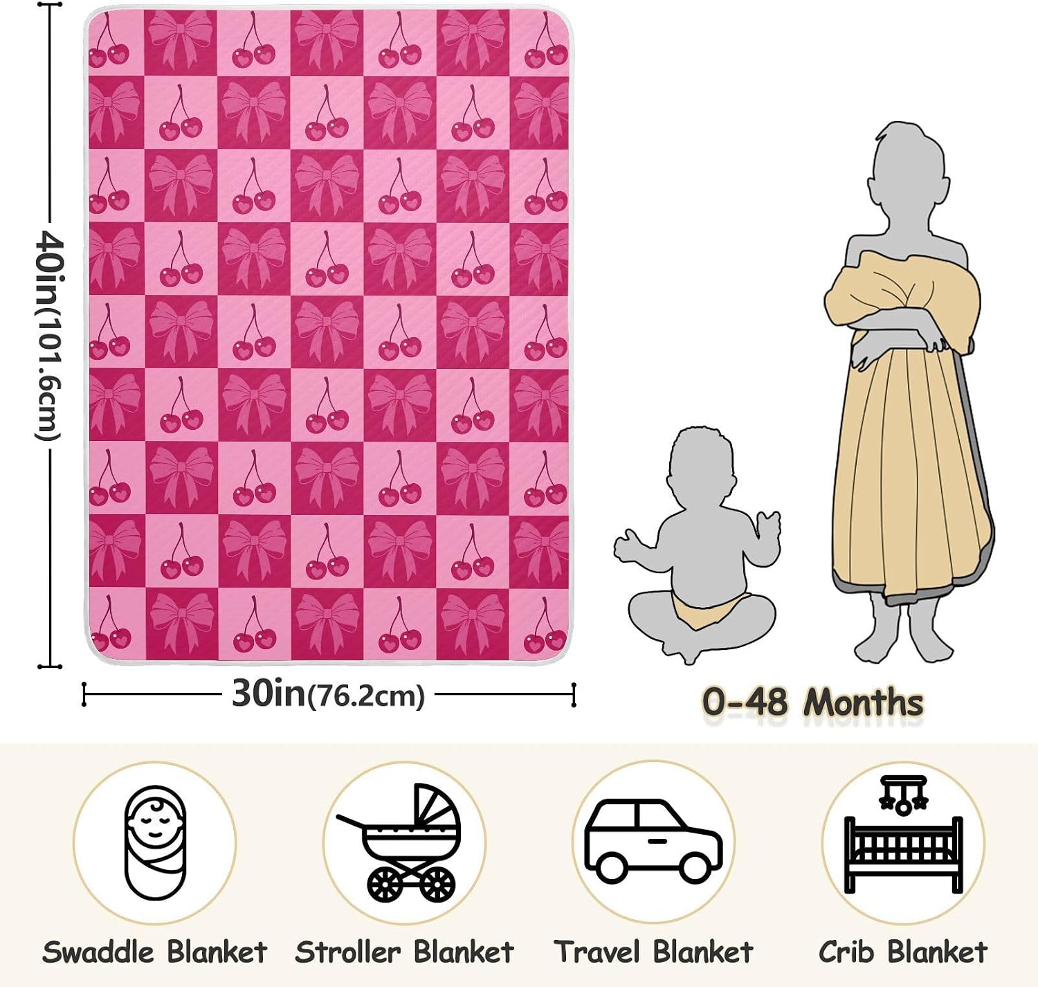 Checkered Pink Cherries and Bows Baby Swaddle Blanket for Boys and Girls, Muslin Baby Receiving Swaddle Blanket, Soft Cotton Nursery Swaddling Blankets for Newborn Toddler Infant