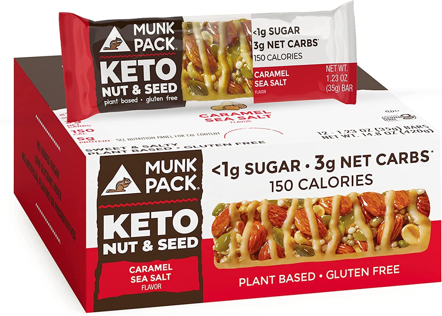 Munk Pack Keto Nut & Seed Bar | Low Carb Keto & Plant Based Snacks | Nutrient Dense & Gluten Free Caramel Sea Salt | No Added Sugar Chewy Breakfast Bars | 12 Bars