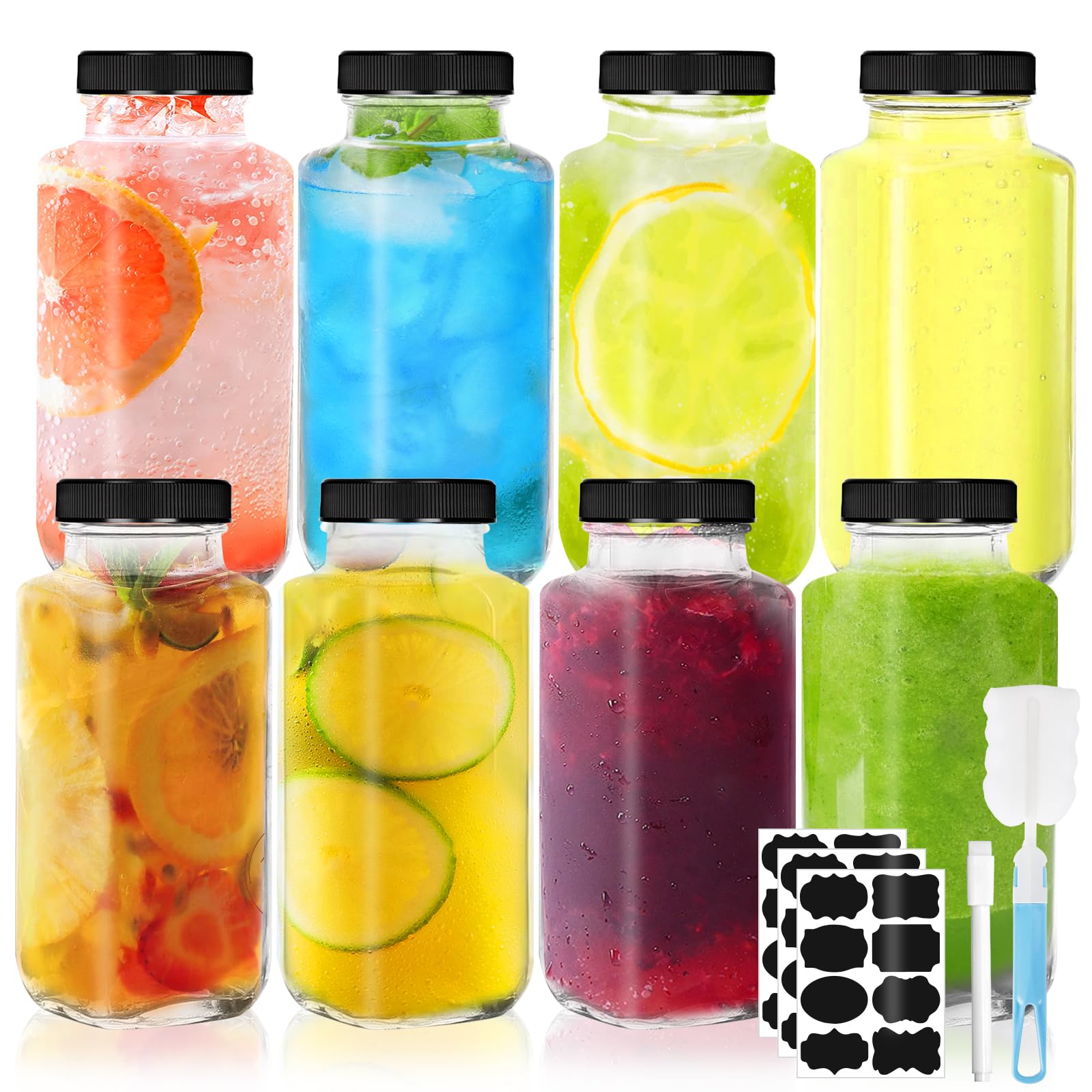 8 Bottiglie Di Vetro Da 250 Ml,Bottiglie Per Shot Da Riempire,Bottiglie Per Succhi Con Tappo In Pp,Con Spazzola, Pennarello Ed Etichette, Per Succo Di Zenzero,Whisky E Spezie,Latte