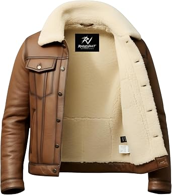 Mens Real Sheepskin Leather B3 Bomber Jacket, Brown Aviator Shearling Coat, Warm Winter Outerwear with Fur Collar