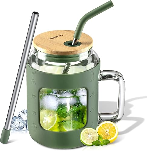 VOKOVO Vaso de vidrio de 32 onzas con tapa de bambú y pajilla botellas de agua de vidrio con marcador de tiempo taza de café helado con asa dos