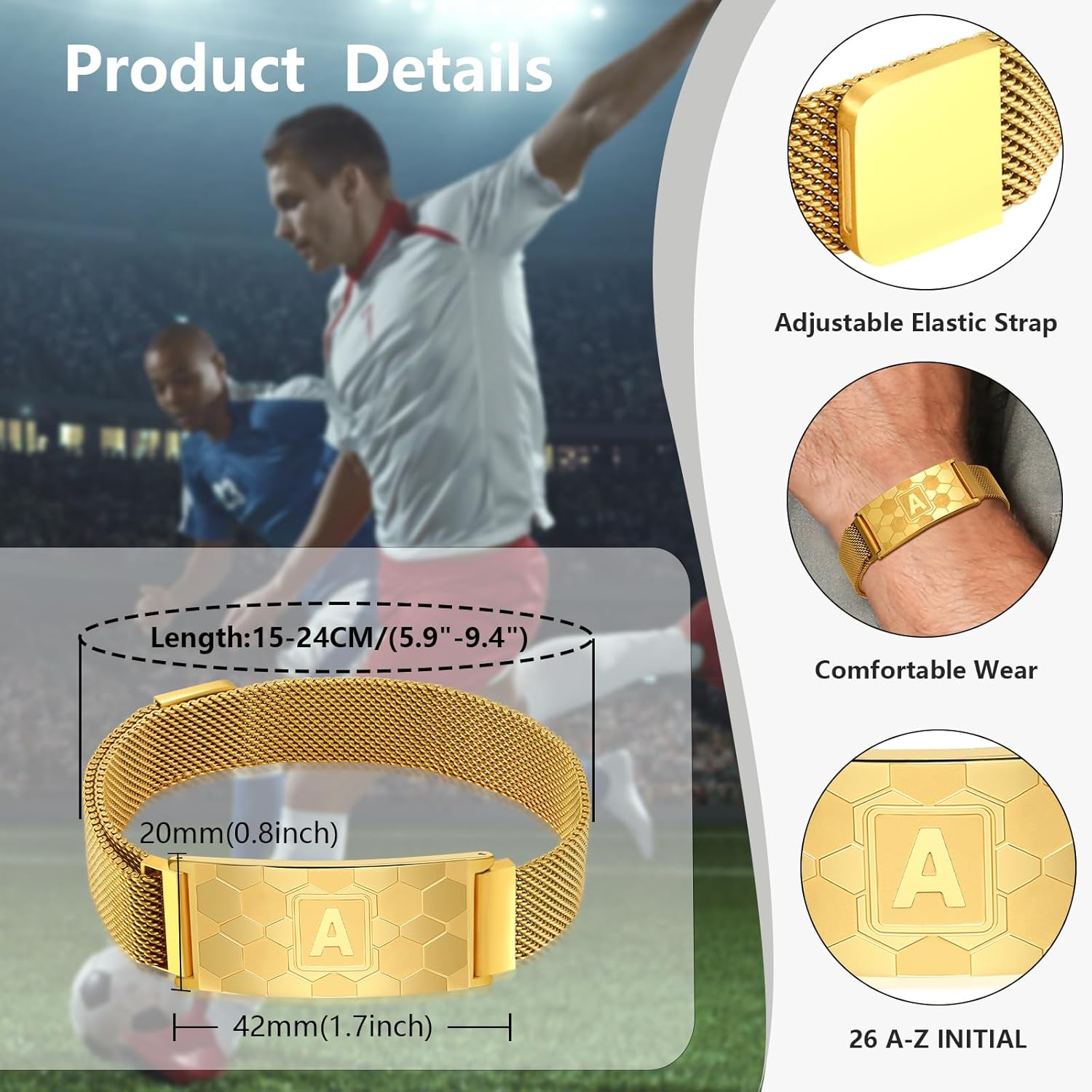 Soccer Initial Bracelet Gold Stainless Steel A-Z Letter Charm Bracelets Adjustable Wristbands Soccer Gifts Idea for Players Team Lovers Men Boys Dad (O) - Image 5