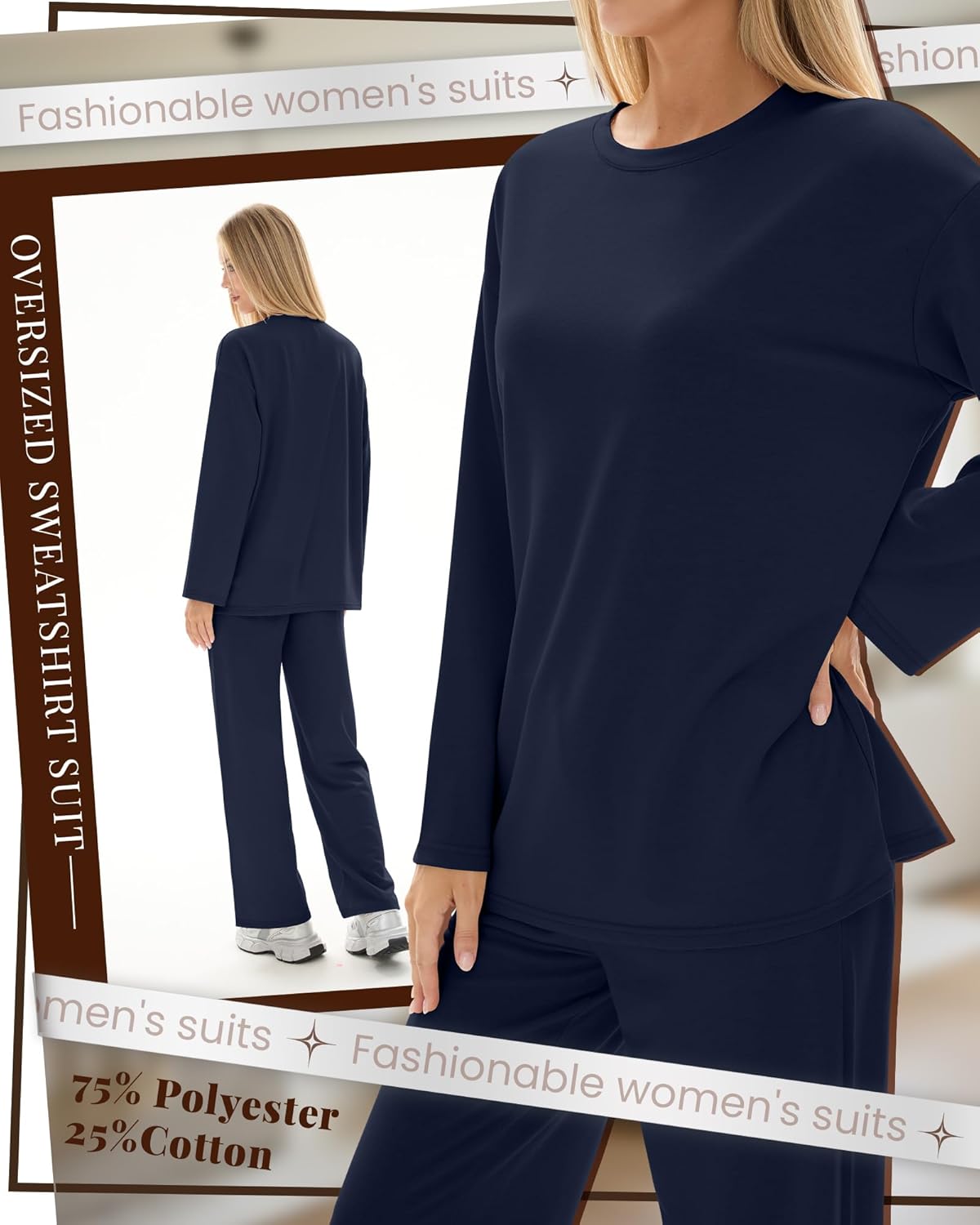 Women's 2 Piece Oversized Lounge Sets Lightweight Long Sleeve Crew Neck Tracksuit Long Pant Sweatsuits with Pockets - Image 6