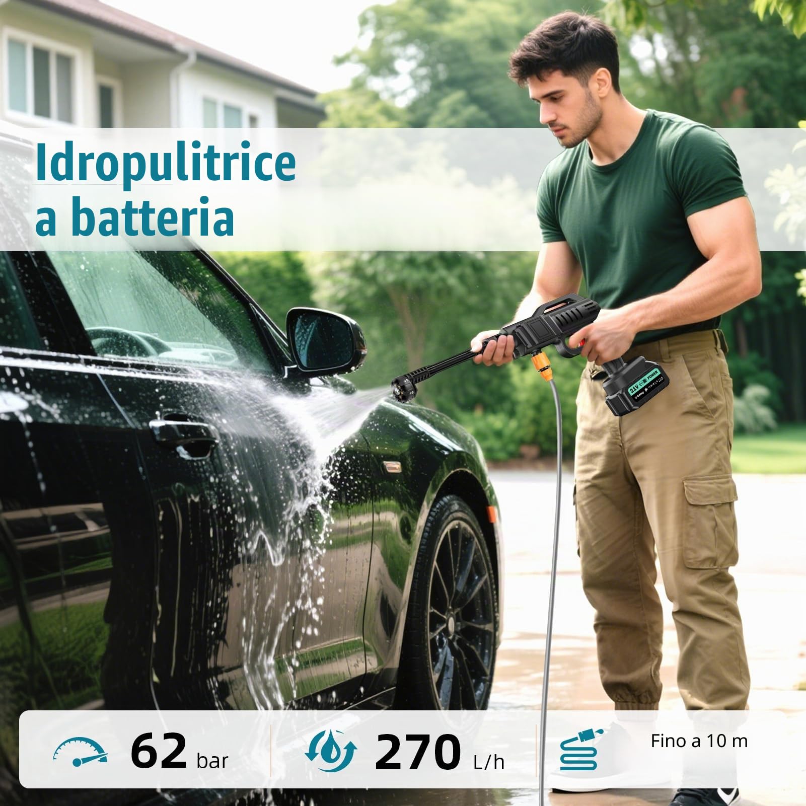 Idropulitrice a Batteria 100Bar, Idropulitrice Portatile senza Fili con 2 Batterie 21V e 6-in-1 Ugello, Lancia Alta Pressione per Auto, Giardino, Pulizia Pavimenti Esterni - 5m Tubo, 10m Gittata