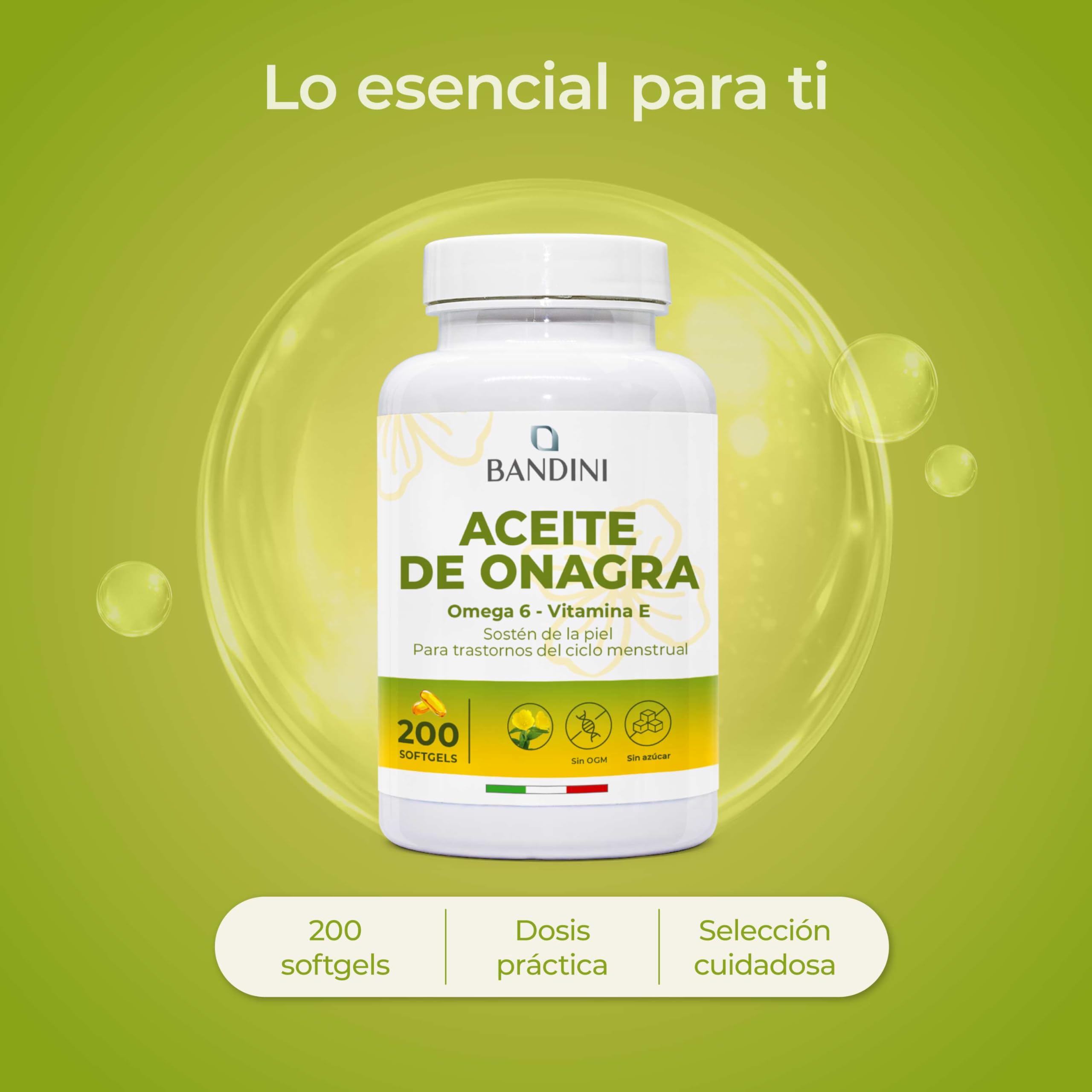 Bandini® Aceite de Onagra 2000 mg - Síntomas menstruales, mantenimiento de piel y huesos - 200 cápsulas blandas - 10% GLA, prensado en frío, con vitamina E - Antioxidante y para la menopausia