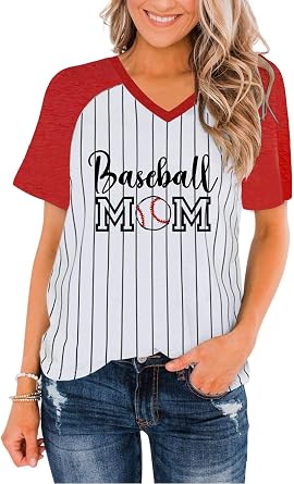 Womens Baseball Tees Baseball Printed Short Sleeve V Neck Color Block Casual Raglan Baseball Mom T-Shirt