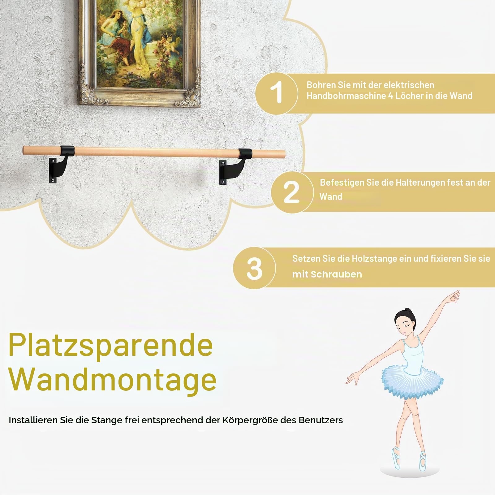 KOMFOTTEU Ballettstange 120cm Wandmontage, Ballett Tanzstange Ø 38 mm aus Buchenholz, Ballettstangenhalter Übungsstange für Yoga Stretching Fitnessstudio