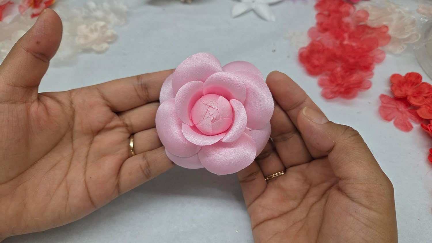 M&S Schmalberg Pink Camellia Fabric Flower Pin Brooch Satin Artificial Flowers Camellias Handmade in USA