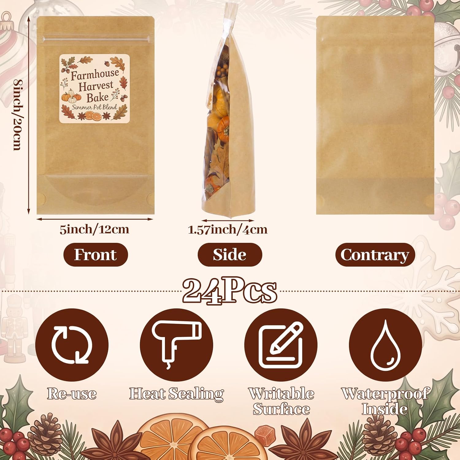 Vesici 24 Pcs Fall Potpourri Kraft Paper Bags with Label Farmhouse Harvest Bake Stovetop Pot Bags Autumn Potpourri Stand Pouches for Package of Stovetop Holiday Simmer DIY Crafting Kit for Home Decor