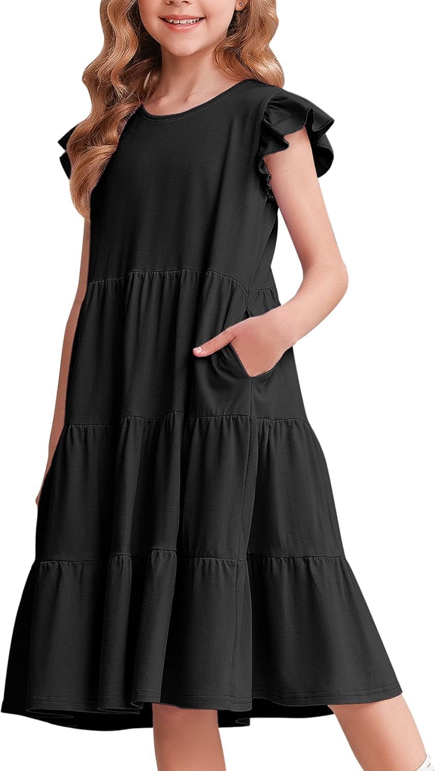 Arshiner Girl's Summer Dresses Ruffle Sleeve Tiered Swing Midi Casual Sundress with Pockets