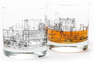 Whiskey Glass Set – 11oz Old Fashioned Tumblers for Bourbon, Scotch & Cocktails, Heavy Base Rocks Glasses Featuring Detailed Locomotive Blueprint Design, Great Gift for Men & Engineers