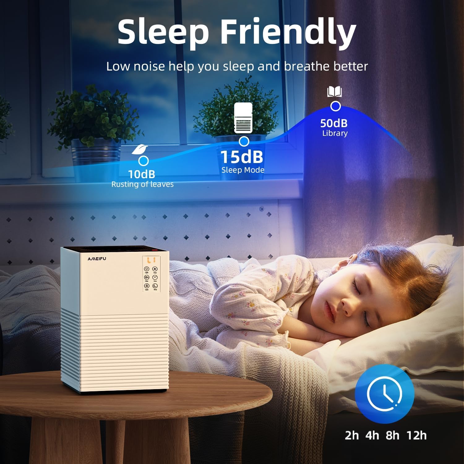 Child sleeping peacefully next to the AMEIFU F2 Air Purifier, illustrating its quiet operation in sleep mode