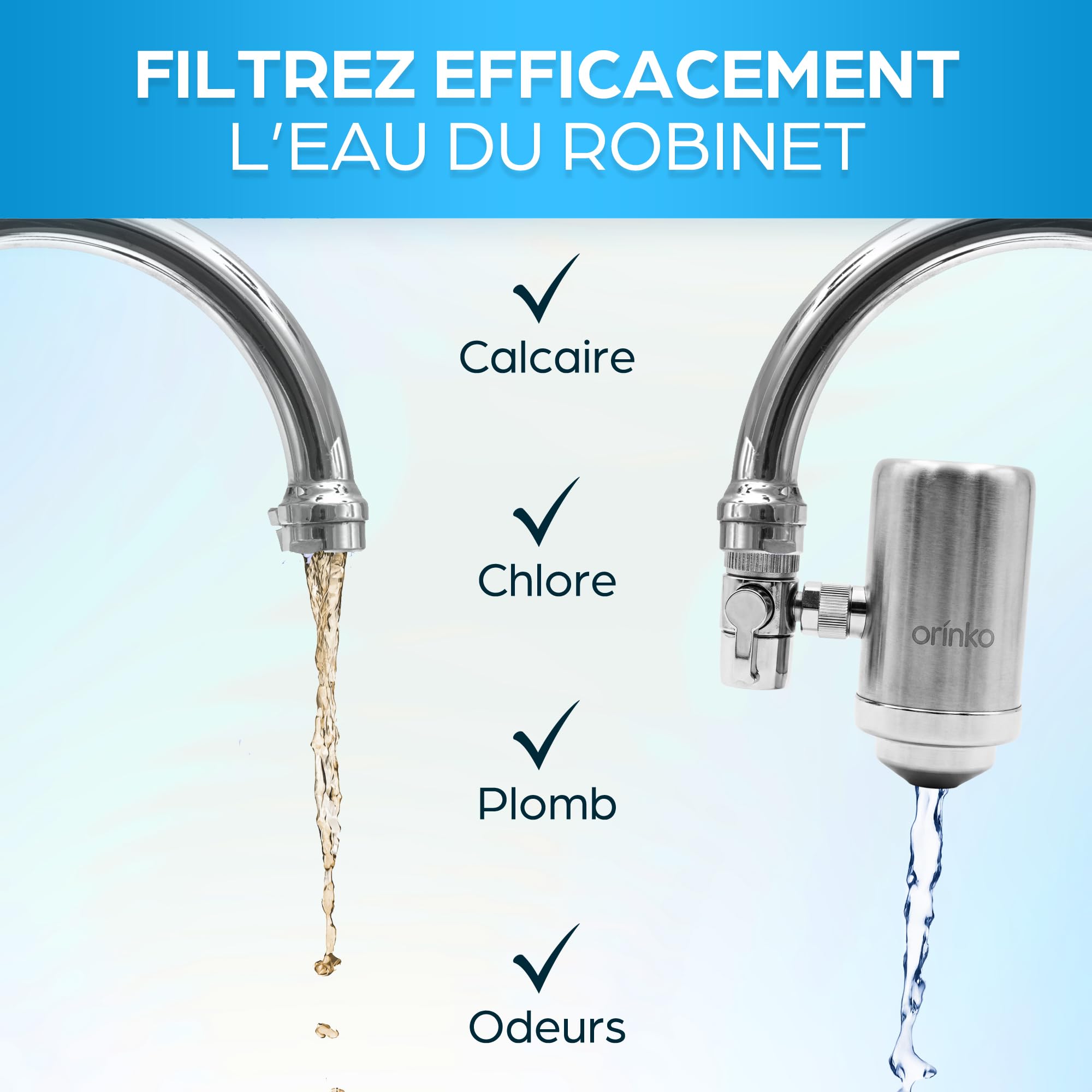 ORINKO Filtre à Eau pour Robinet Universel – Filtre Anti Calcaire, Chlore et Plomb - Purificateur d’Eau Potable 2L/min avec Cartouche Remplaçable – Système De Filtration à Charbon Actif pour Cuisine