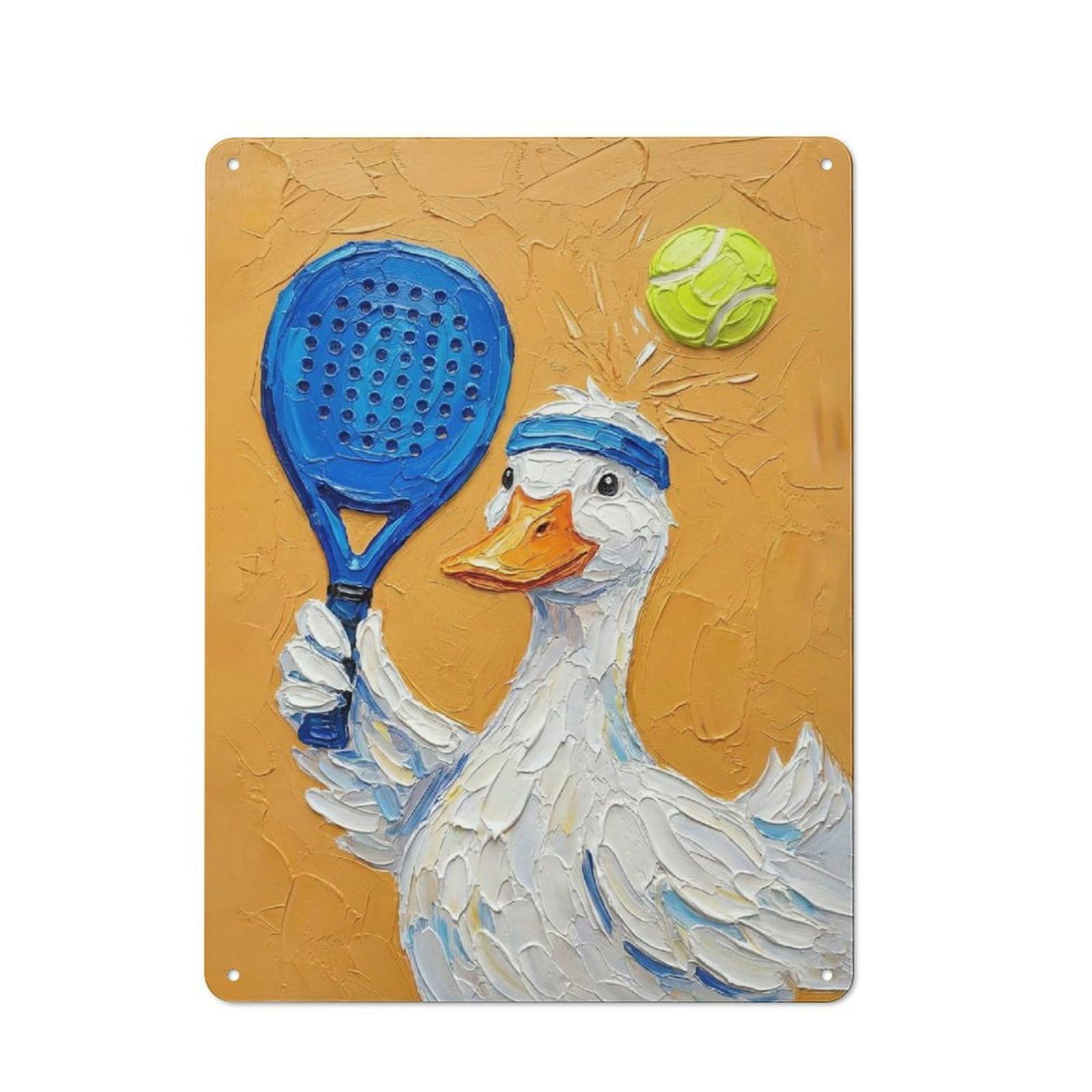 Junmoney Style-9 Industrial Metal Sign With Duck Tennis Player Oil Painting Design 40X30cm, Modern Retro Loft Wall Plaque For Workspace, Cafe, Hallway Or Garage