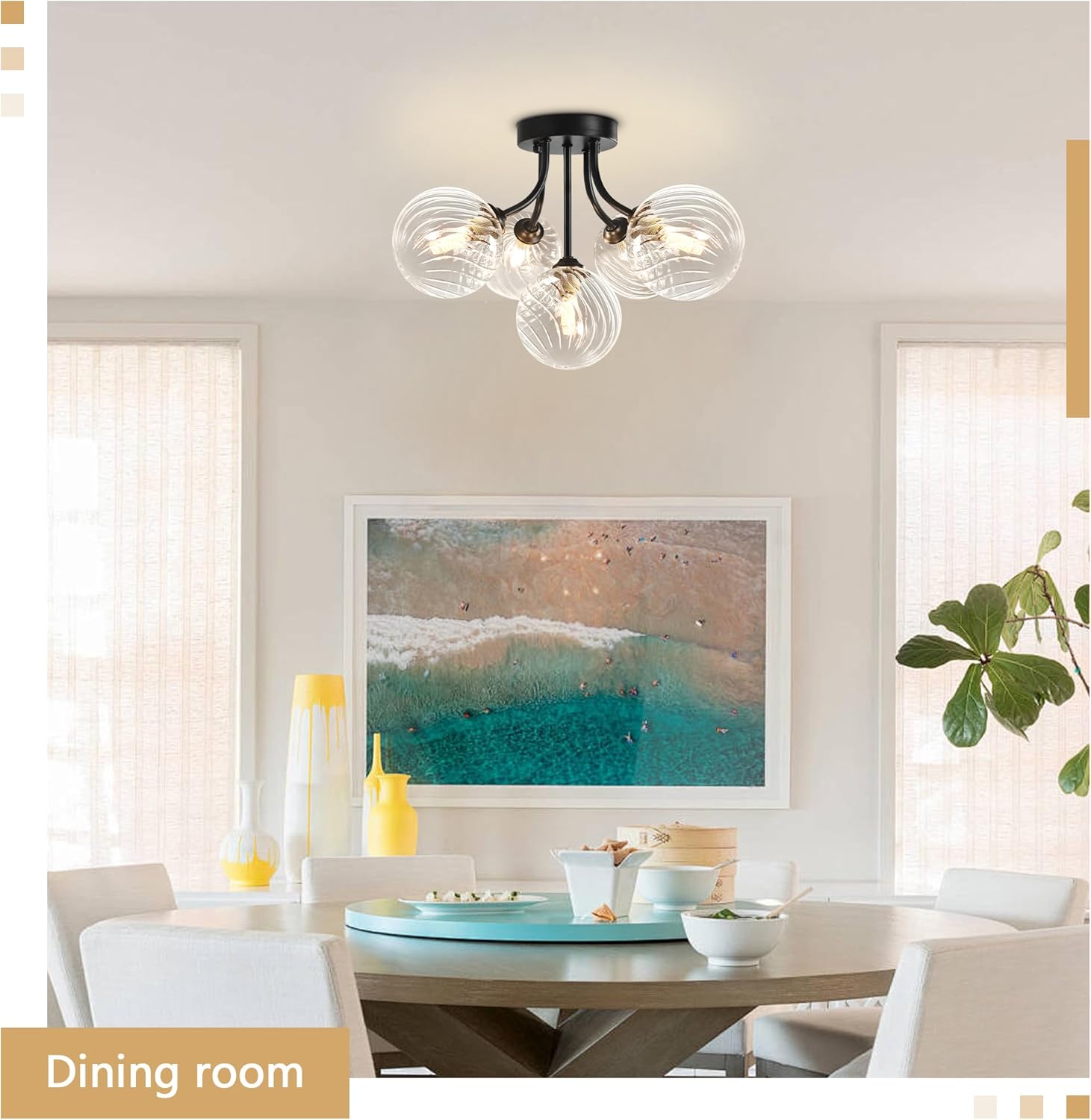 Sputnik Ceiling Light Fixture 5-Light Globe Bubble Glass Chandelier Clear Swirled Glass Semi Flush Mount Ceiling Light Fixture Black Bubble Chandelier for Bathroom Kithcen Hallway Dining Room Foyer