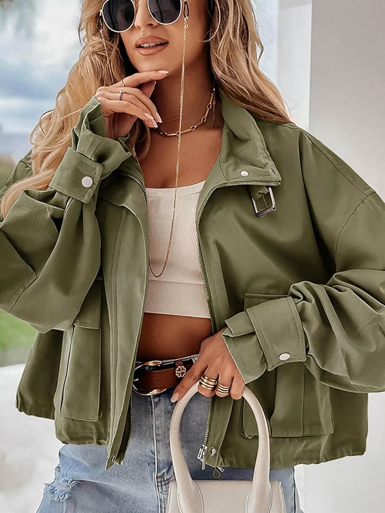 【Anyone more】Clip Pocket Crop Jacket Tankaneo Womens Cropped Bomber Jacket Long Sleeve Zip Up