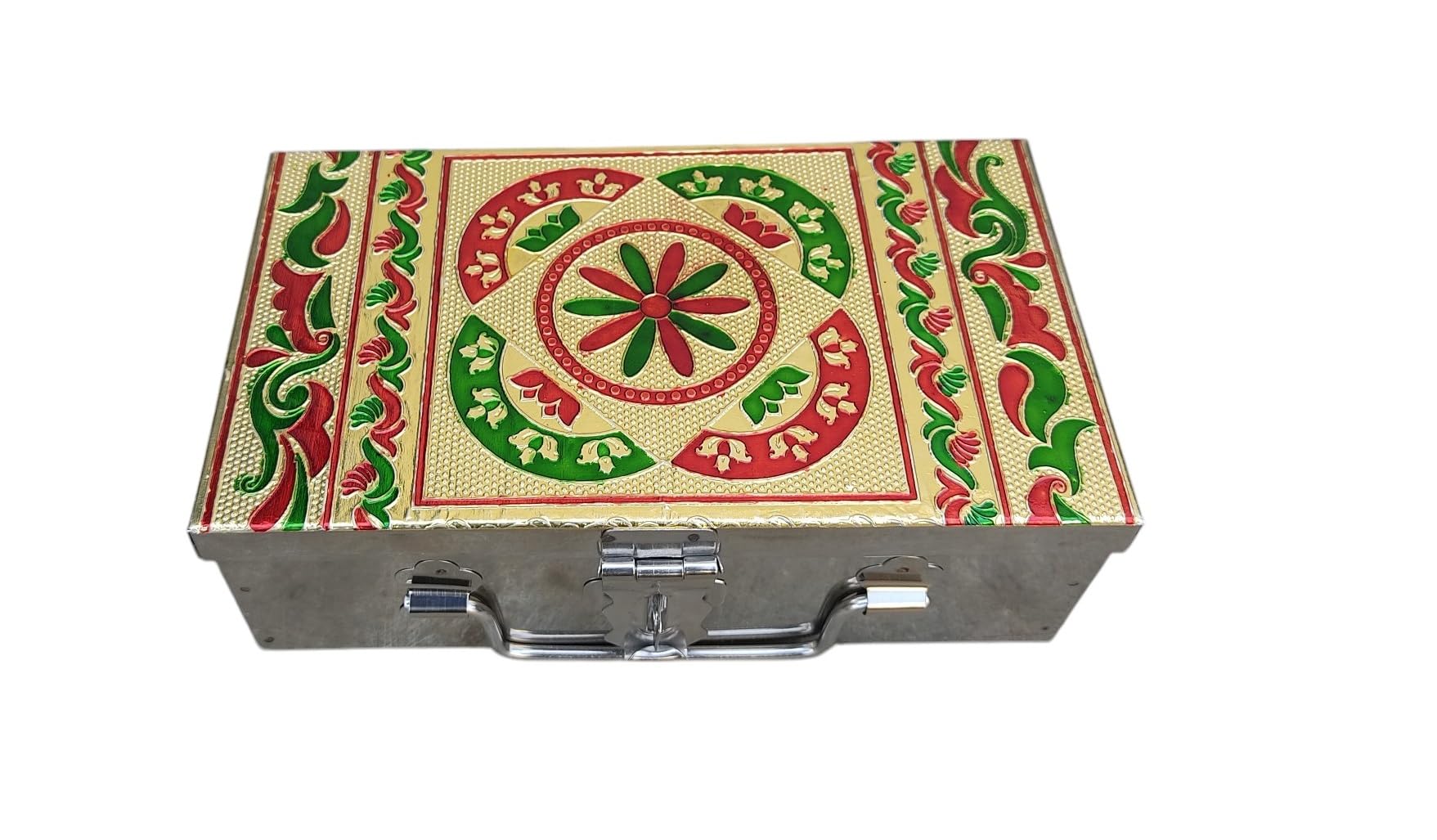 GinoSet® Stainless Steel Storage Box, Cash Box, Pooja Peti, Organizer, Vanity Storage Box, Jewellery Safe Bank Locker, Cash Box With Handicrafts Digital Meena Kari Design (Silver, 8 Inch) 3