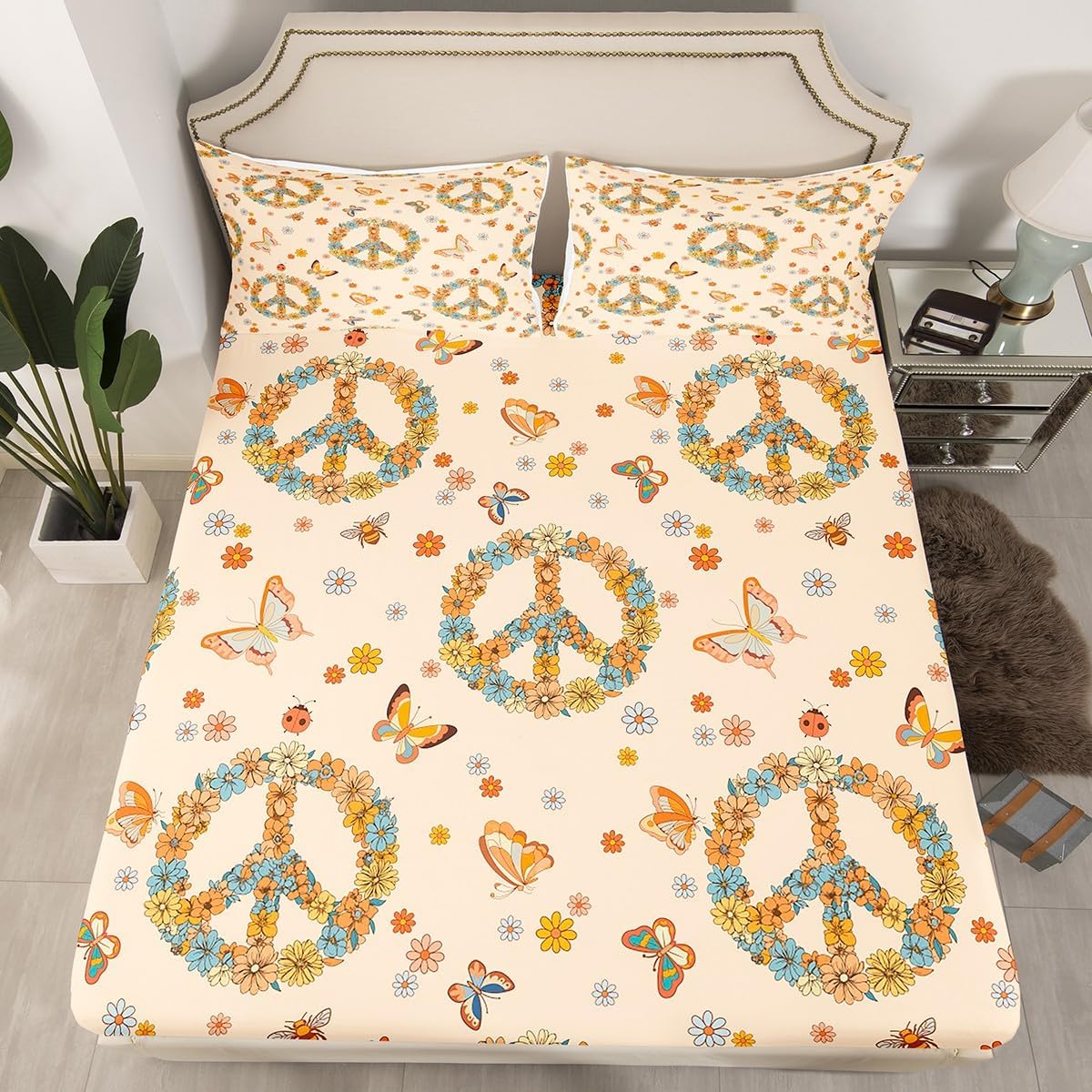 Erosebridal Groovy 70s Theme Bed Sheets Retro Peace Sign King Size Sheet Sets Boho Butterfly Sheets Hippie Honey Bee Sheet & Pillowcase Sets Vintage Flower Floral Flat Sheet for Kids