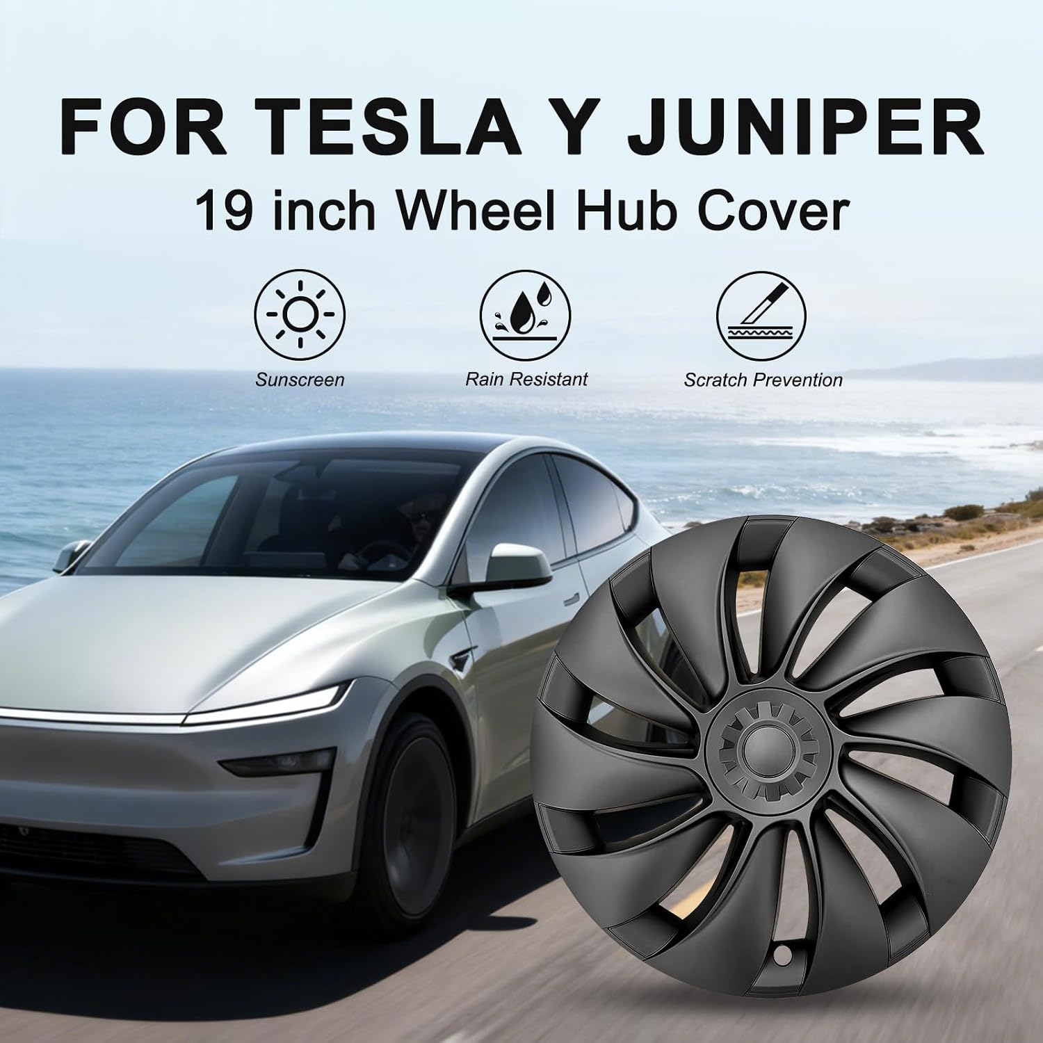 Hubcaps for Tesla Model Y Juniper 2025 2026, 19 Inch Wheel Covers with Center Caps, Cross-Spoke Design Rim Protectors, Easy Clip-On Installation, Model Y Juniper Accessories,Black