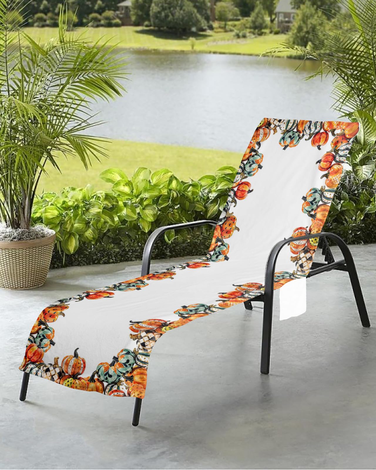 Colorful Pumpkins Beach Chair Towel Covers for Chaise Lounge with Side Pocket, Soft Plush Pool Towels Cover for Patio Sunbathing Outdoor 29''x85'' Thanksgiving Boho Fall Painted Dot Stripes