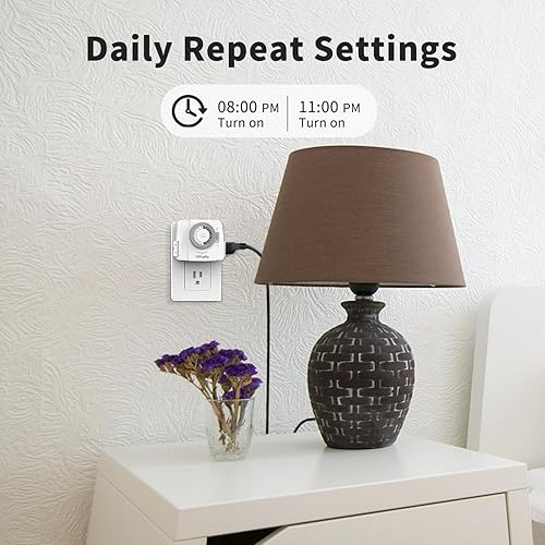 Miniatura 5 de TiFFCOFiO Temporizador mecánico para interiores, interruptor temporizador enchufable de 3 puntas, 2 salidas con toma a tierra para lámparas