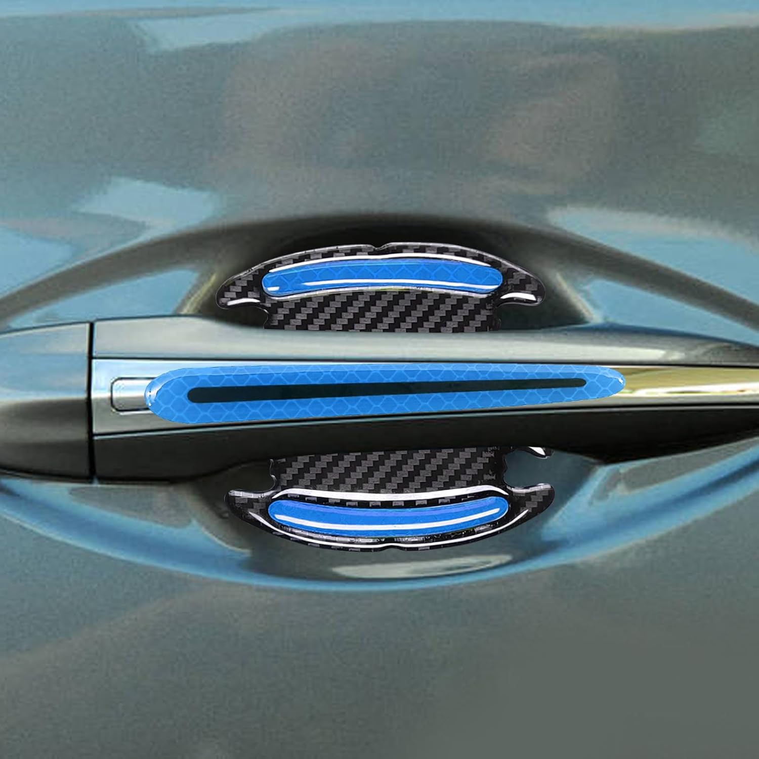 8pcs Car Door Handle Paint Scratch Protector Sticker, Universal 3D Carbon Fiber Auto Door Handle Scratch Cover Guard, Protective Film Pad with Safety Reflective Strips(Blue)