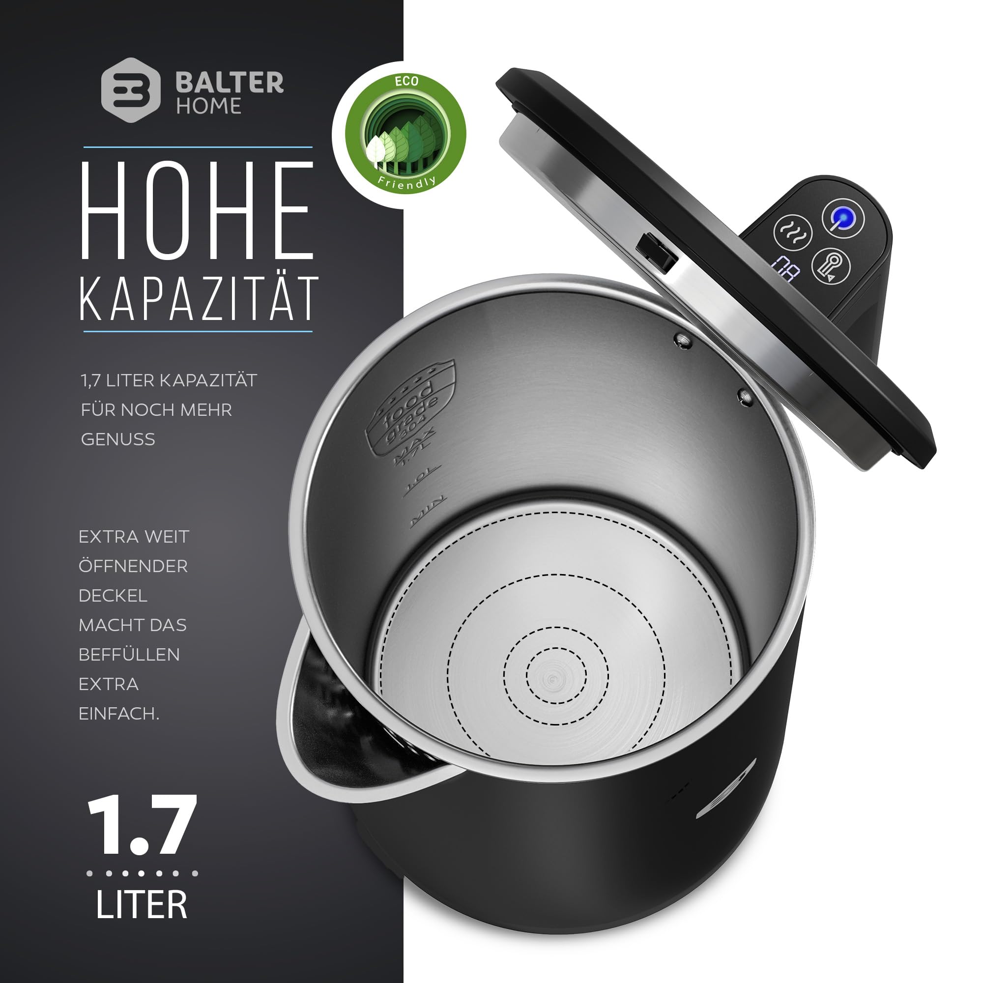 Balter Edelstahl Wasserkocher mit Temperatureinstellung, 40°C-100°C, Doppelwand, BPA frei, 1,7L, Schwarz, WK-5-Touch