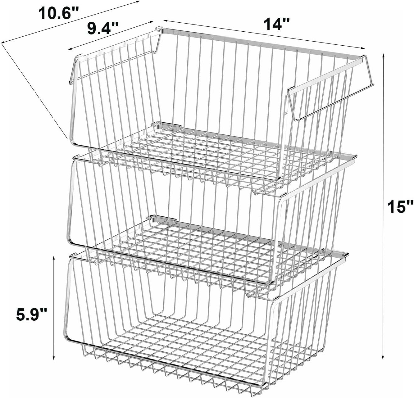 Wire Storage Basket Stackable Organizer Storage Baskets Bins Sturdy Metal Organization with Handles for Pantry, Kitchen, Closets, Bathroom, Cabinets, Kitchen, Set of 3