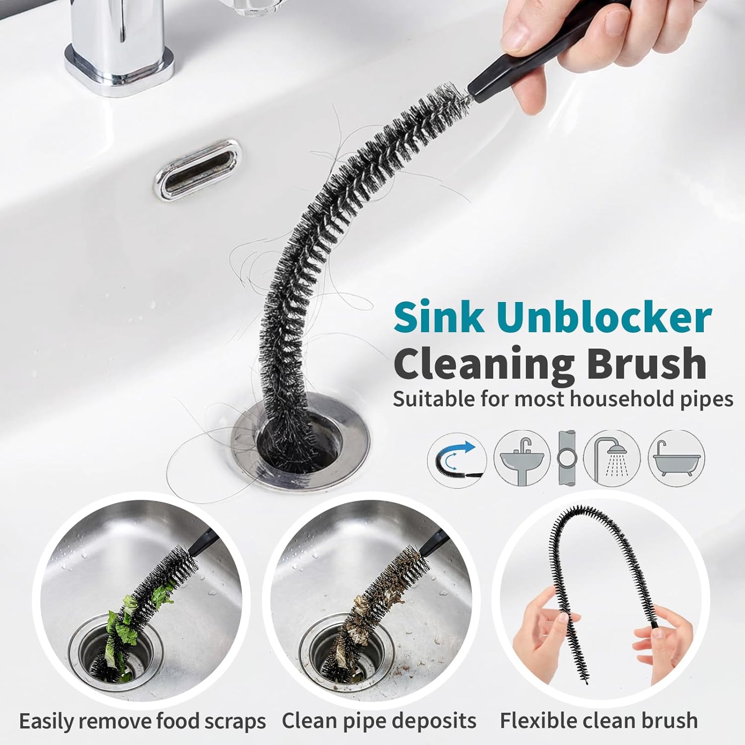 Drain Cleaning Brush 2 Pack, 23.6 Inch Long Pipe Cleaner Brush, Flexible Drain Clog Remover Tool with Nylon Bristles, Sink Drain Cleaner for Hair Clogs, Kitchen Sink, Bathroom Tub, Shower Drain