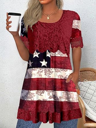 Mathea Plus Size Women's Short Sleeve Crew Neck Graphic Star Printed Lace T Shirts Casual Independence Day Pockets Tops Red