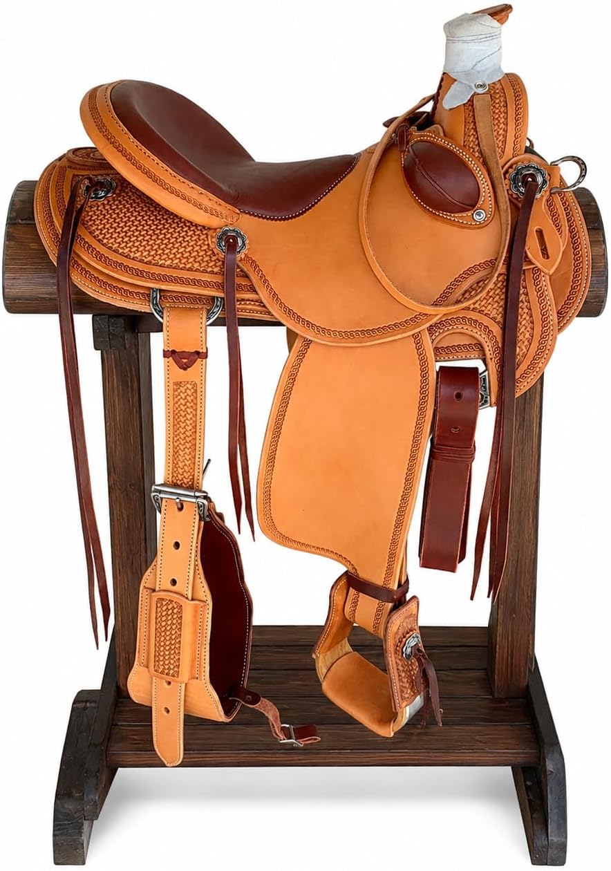 Wade Tree A Fork Roping Ranch Work Horse Saddle Handmade Tooled Carved Premium Leather Western Equestrian Trail Tack Adult & Pony Horse Riding Saddle, Size: 10-18 inch Seat, WD-115