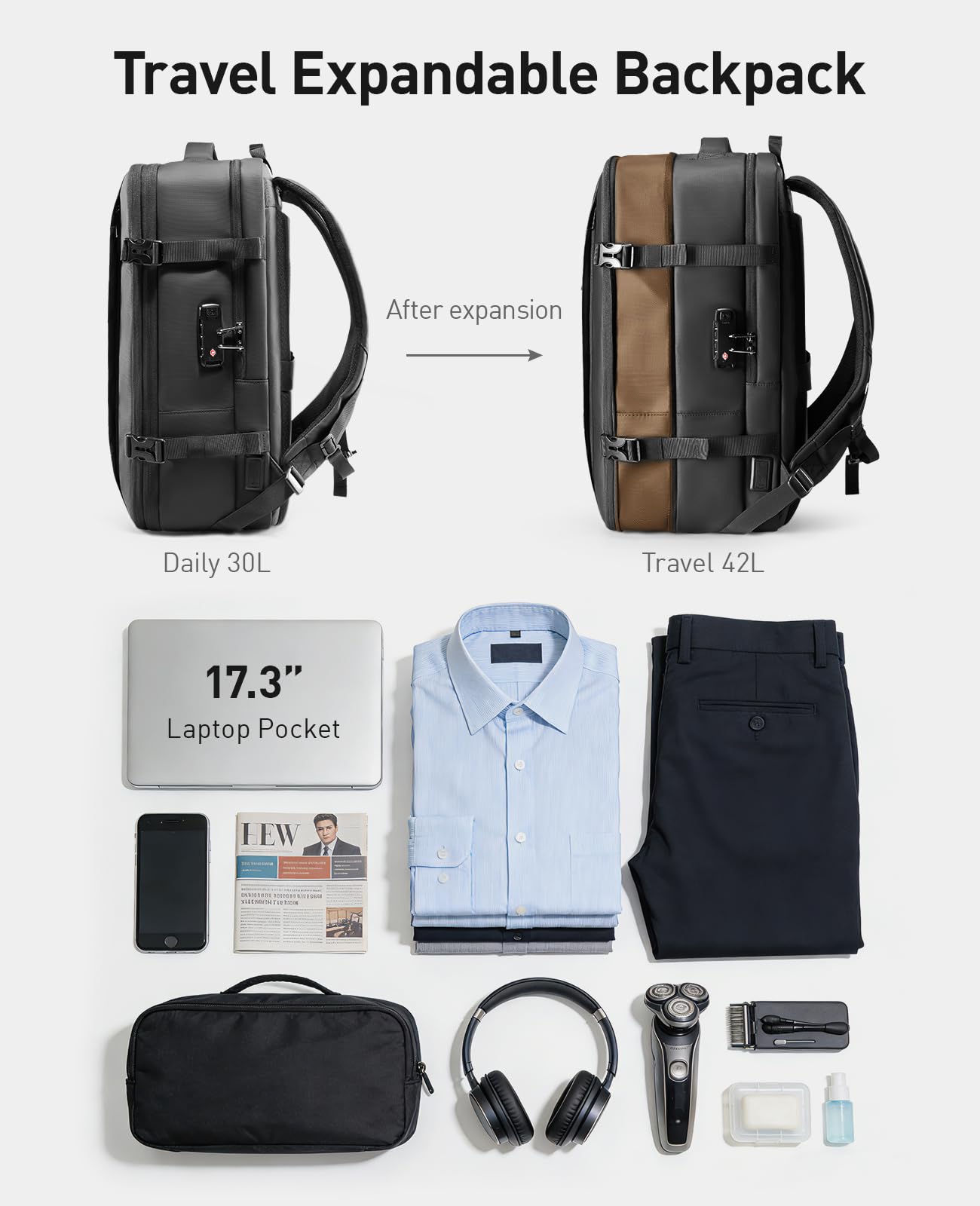 MARK RYDEN Mochila expandible para hombre de negocios, bolsa para portátil de 17 pulgadas, tejido hidrófobo, antirrobo, certificado de vuelo, equipaje de mano, Negro , 30-42L, Negocio