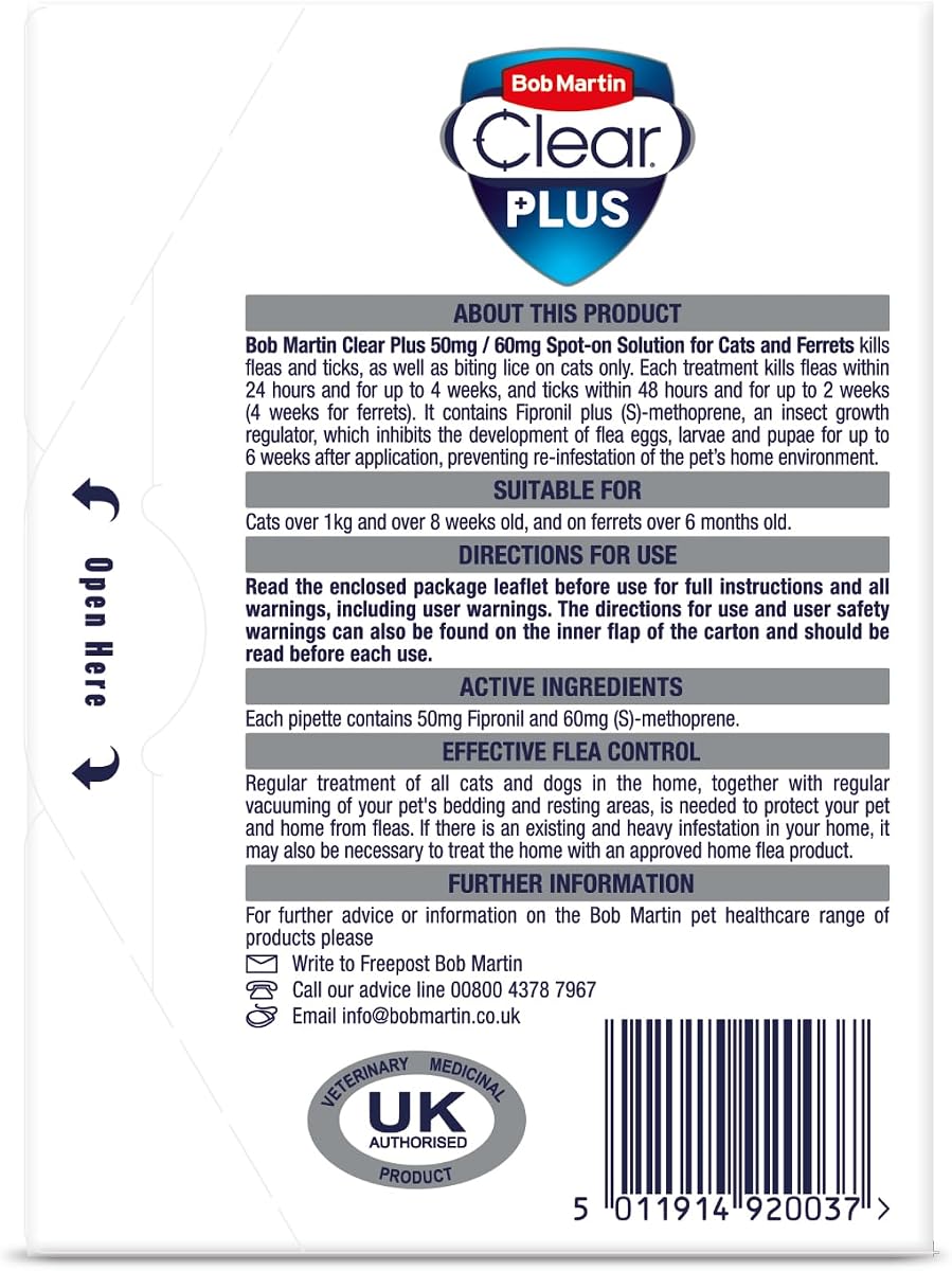 Bob Martin Clear Plus Spot On Flea Treatment for Cats and Kittens - Kills Fleas, Ticks, Lice and Flea Eggs (3 Pipettes)