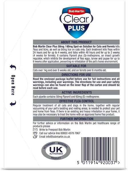 Bob Martin Clear Plus Spot On Flea Treatment for Cats and Kittens - Kills Fleas, Ticks, Lice and Flea Eggs (3 Pipettes) - 1