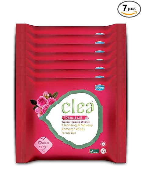Clea Rose & Milk Cleansing Makeup Remover Wet Wipes for Dry Skin - Nourishes, Soothes, Moisturizes, Improves Skin Texture - Pack of 7 (25 Wipes in Each Pack, Big Wipe Size:- 200mm x 200mm)