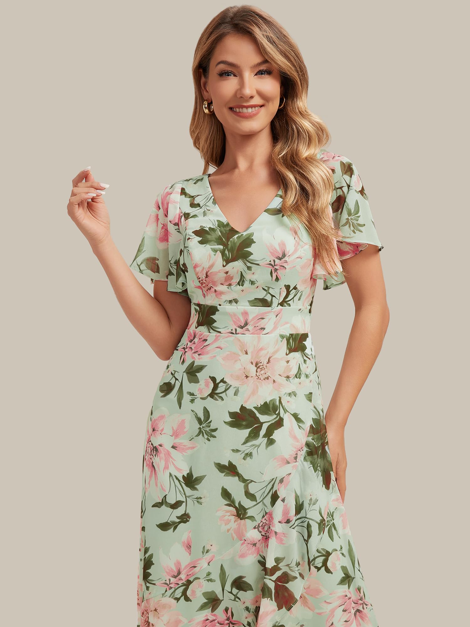 Ever-Pretty Abiti da Damigella Collo a V Maniche Corte Chiffon High Low Sbordi Asimmetrici ES02758